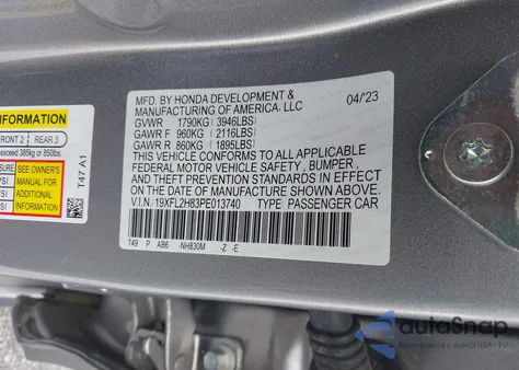 2023 Honda Civic Sport z USA, uszkodzony, nr VIN 19XFL2H83PE013740